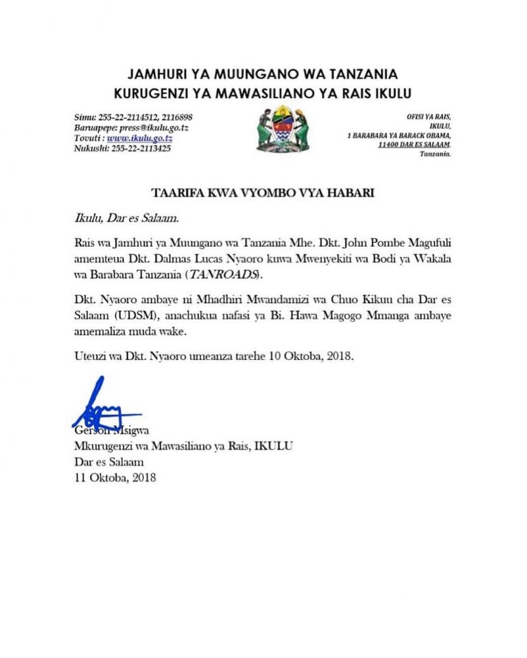 Dkt Dalmas kuongoza bodi TANROADS