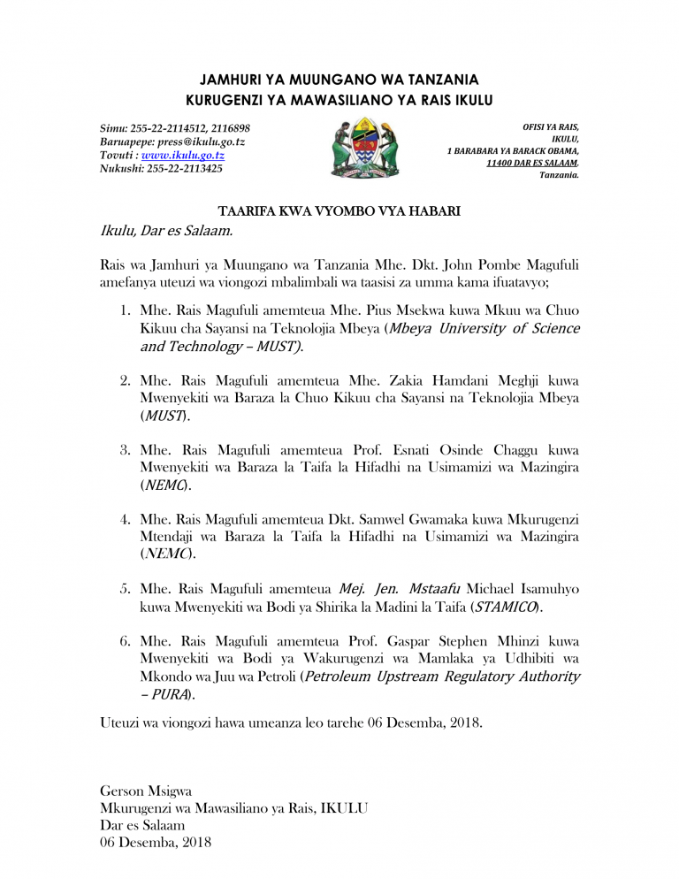 Rais Magufuli afanya uteuzi