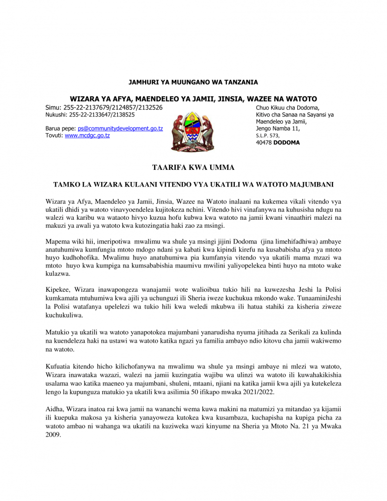 Wizara ya afya yalaani vitendo vya ukatili kwa  watoto nchini.