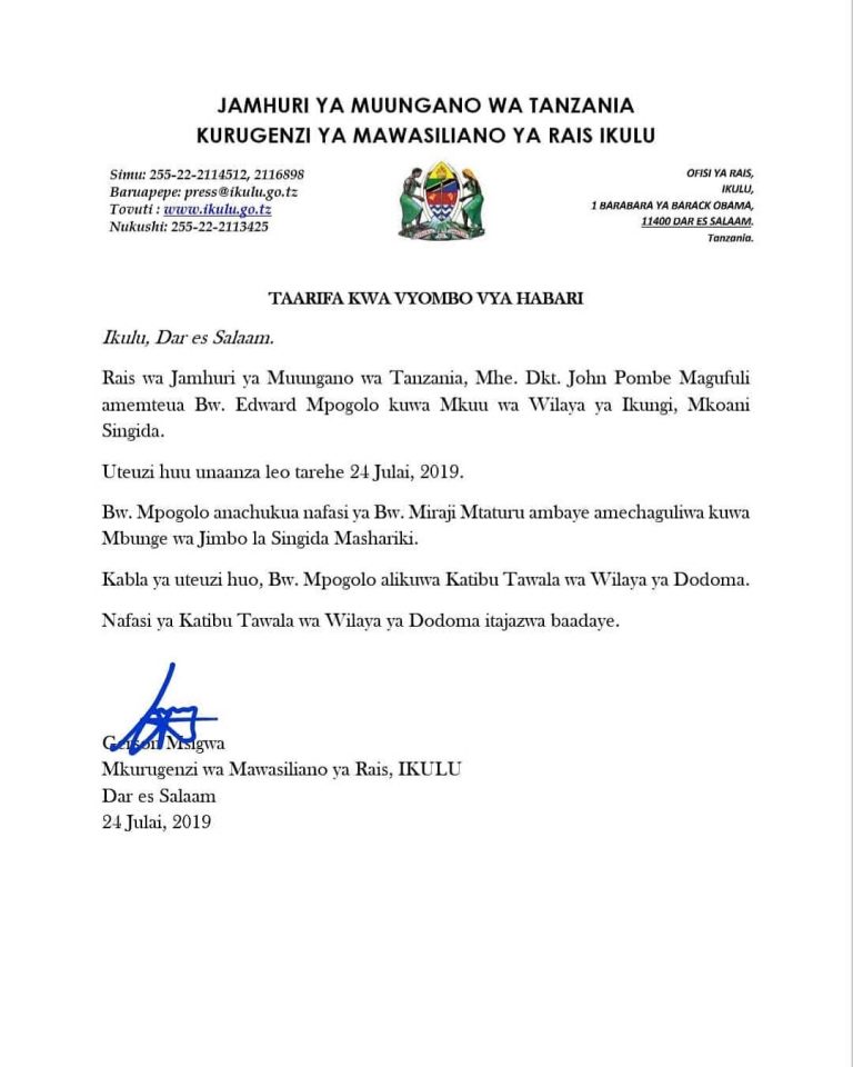 Rais Magufuli amteua Edward Mpogolo kuwa mkuu wa wilaya Ikungi