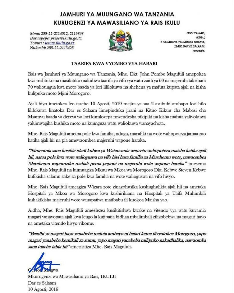 Rais Magufuli Atuma Salamu Za Rambirambi Kufuatia Vifo Vya Ajali Ya Lori La Mafuta Morogoro