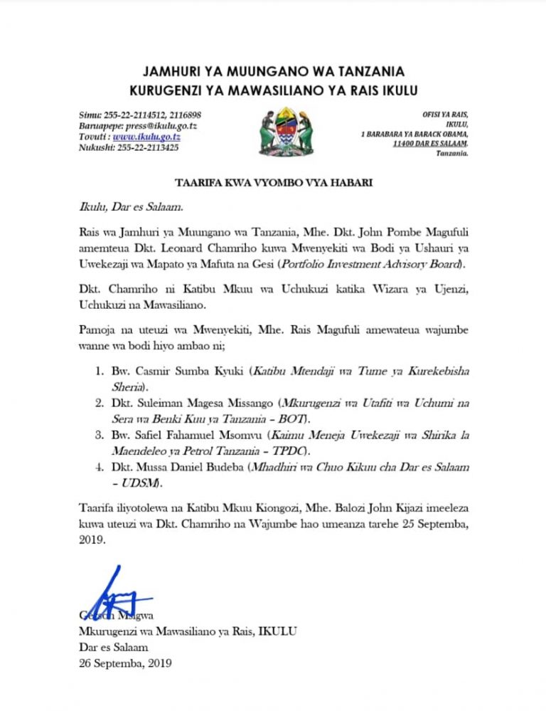 Dkt Chamriho awa Mwenyekiti wa Bodi