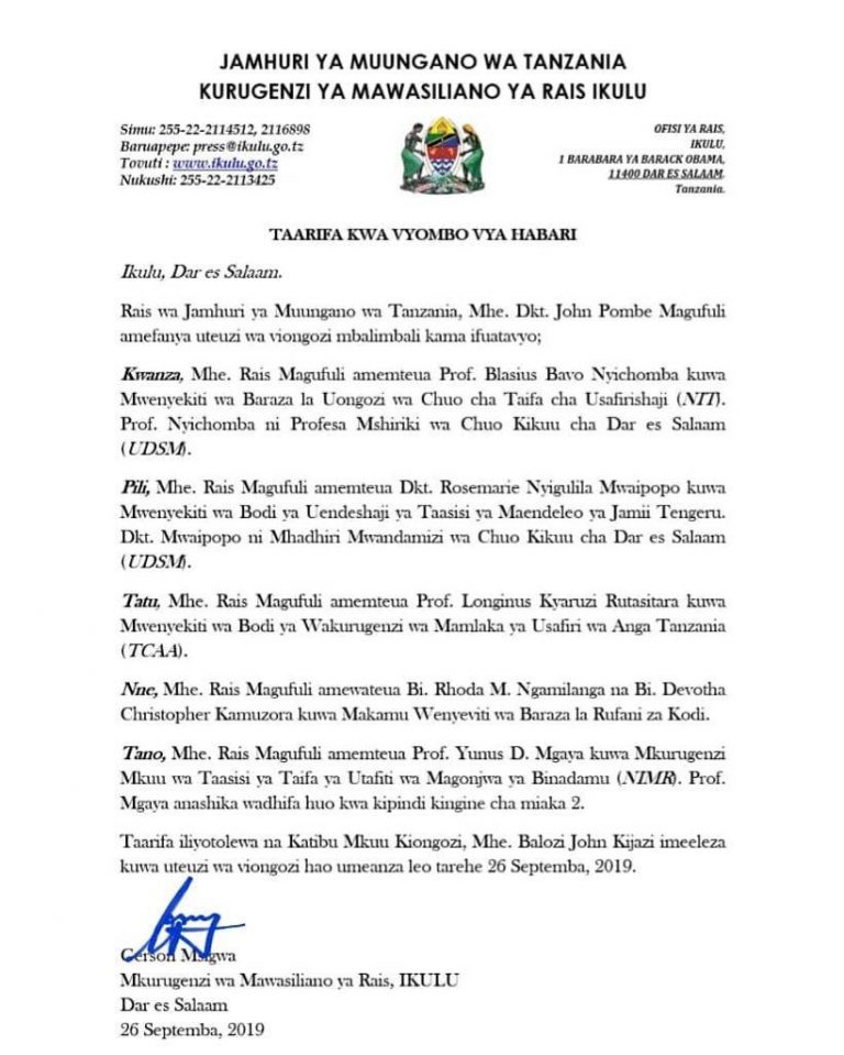 Uteuzi uliofanywa na Dkt Magufuli