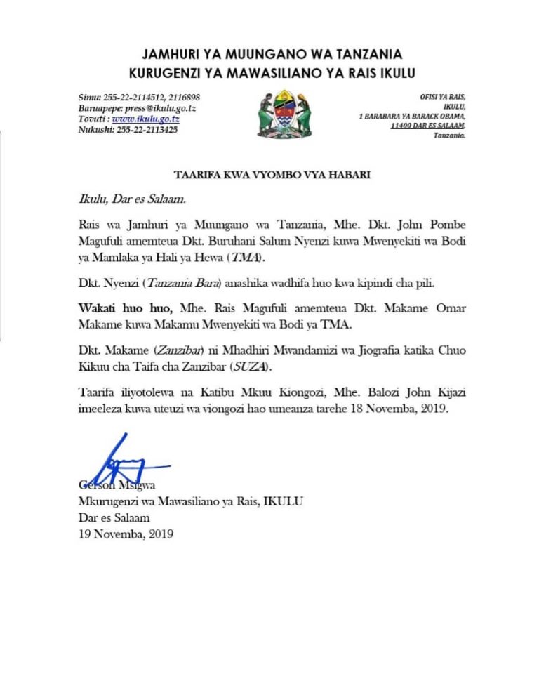 Uteuzi wa Mwenyekiti na Makamu Mwenyekiti Bodi ya TMA