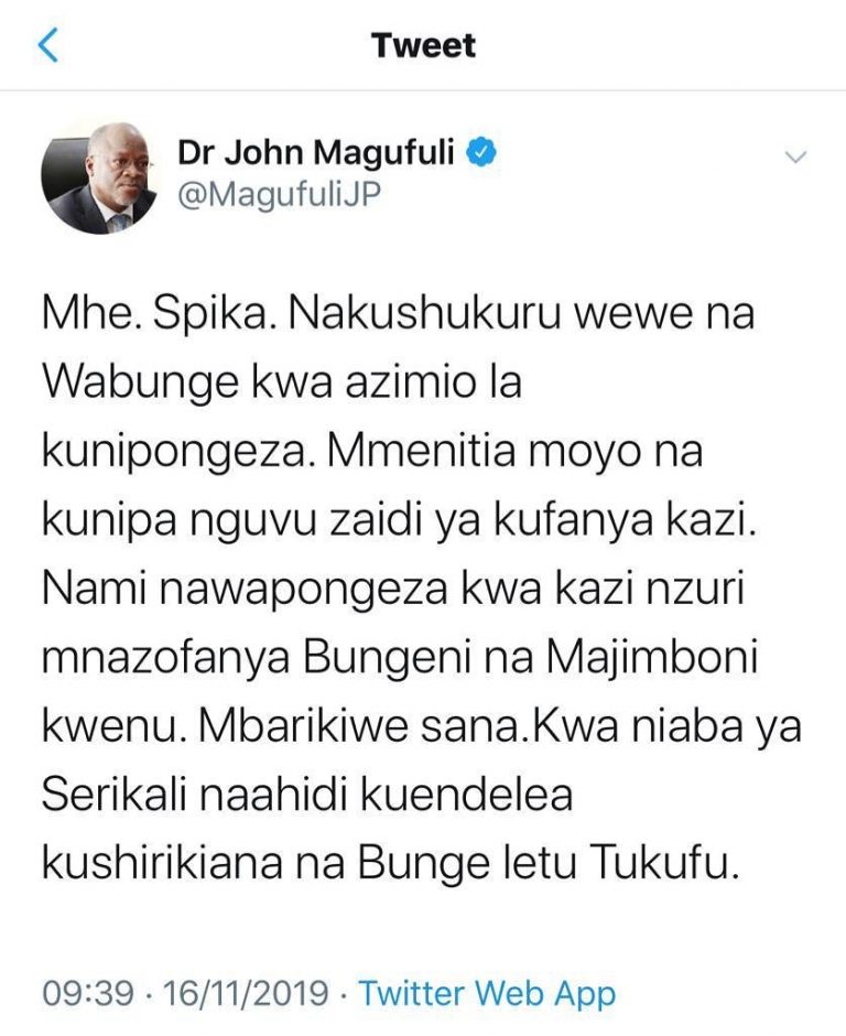 Rais Magufuli atumia Twitter kulishukuru Bunge