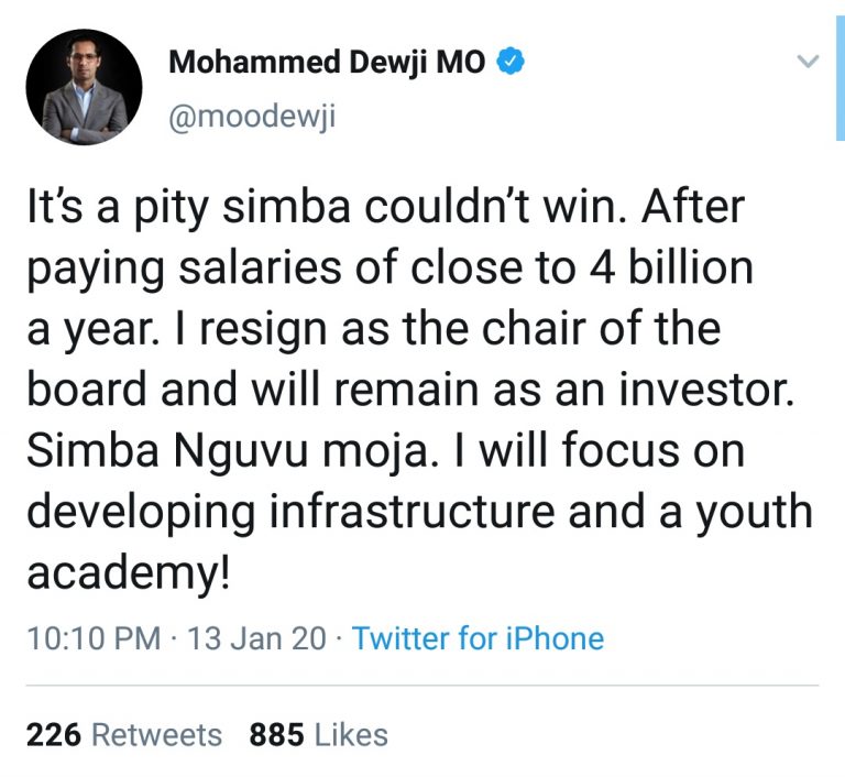 Mo Dewji ajiuzulu uongozi Simba