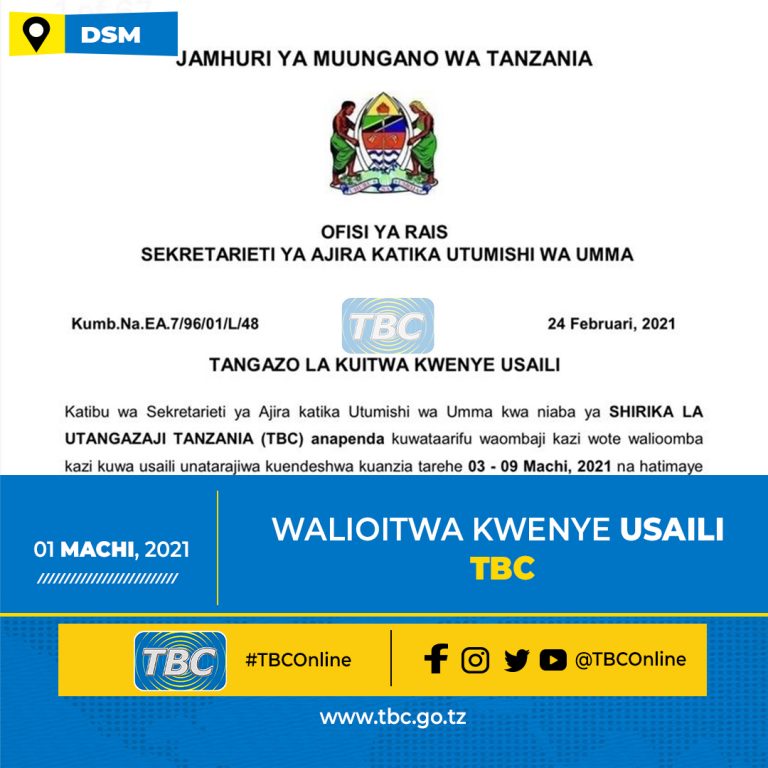 MAJINA YA WALIOITWA KWENYE USAILI WA KAZI TBC